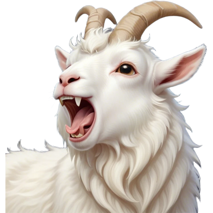 Cinematic Cute Yawning White Goat Portrait Emoji, Head tilted slightly with a dramatic, wide-open yawn, showcasing a soft, downy white fur with delicate horns and gently drooping ears, round eyes barely open in drowsy contentment, Simplified yet irresistibly adorable features, highly detailed, glowing with a soft, cozy glow, high shine, relaxed yet expressive, stylized with a touch of whimsy, bright and endearing, soft glowing outline, capturing the essence of a sleepy yet affectionate goat, so drowsy it feels like it could stretch out of the screen and curl up for a nap! emoji