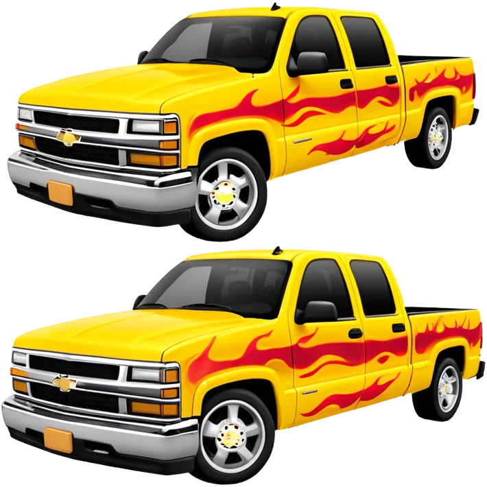 Yellow 1997 Chevrolet C-2500 Crew Cab Silverado with airbrushed red flame artwork on the hood and front fenders, custom painted flames like in Kill Bill movie, 30-degree view, iOS emoji style emoji