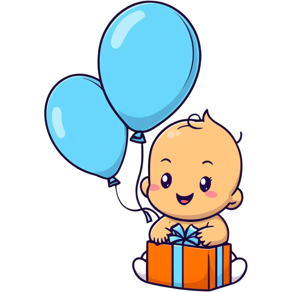 happy baby surrounded by pastel blue balloons and presents at birthday party emoji