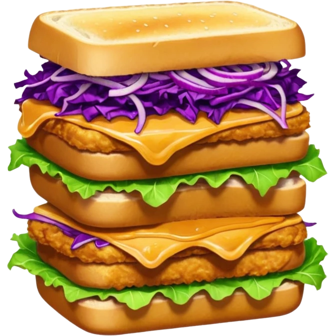 Spicy stacked chicken sandwich — two thick golden toast slices, a crispy breaded chicken fillet, green lettuce, and purple cabbage slaw, with glossy dark sauce dripping down the sides. emoji