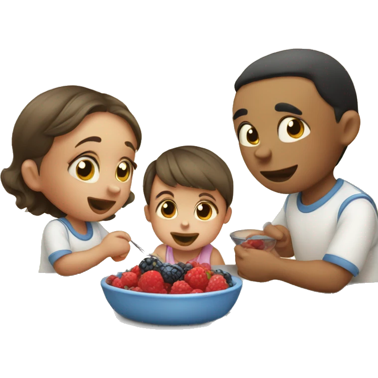 Baby and parents are eat berries on the kitchen  emoji