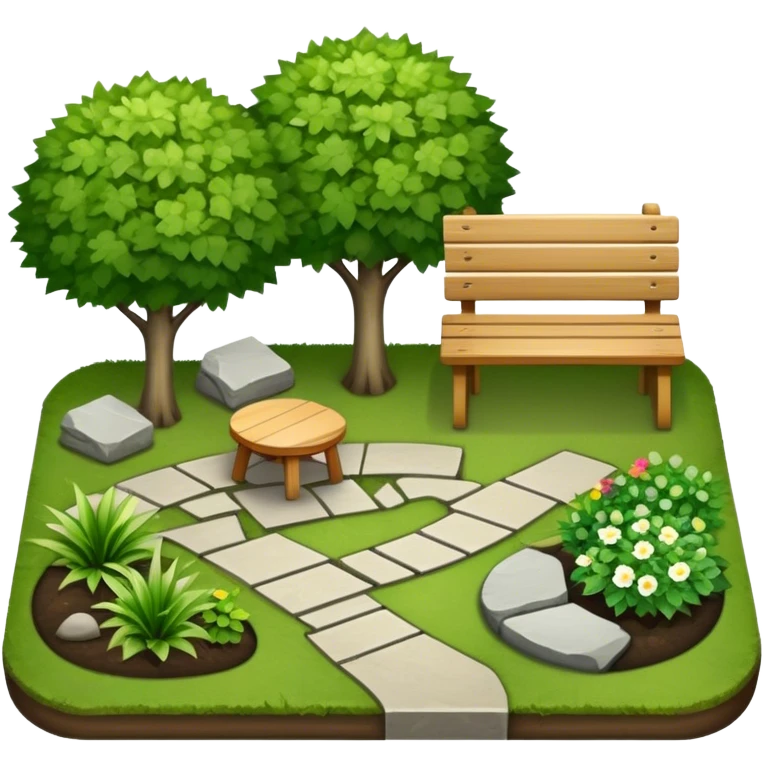 Icon for Landscape Design: a garden layout with trees, plants, pathways, and outdoor furniture, along with design tools like a ruler, pencil and sketchpad. The icon should represent the creativity and planning behind landscape design. Transparent background. emoji