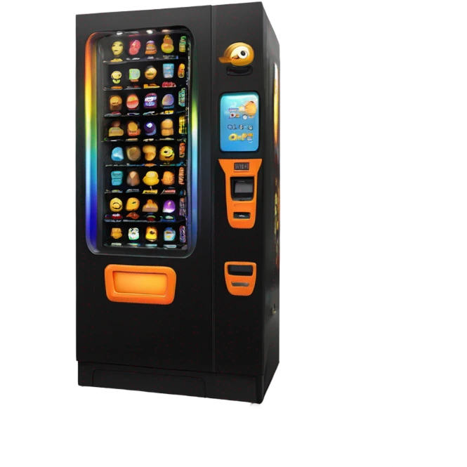 scifi vending machine, sci-fi concept machine, orange and black, rainbow lights emoji