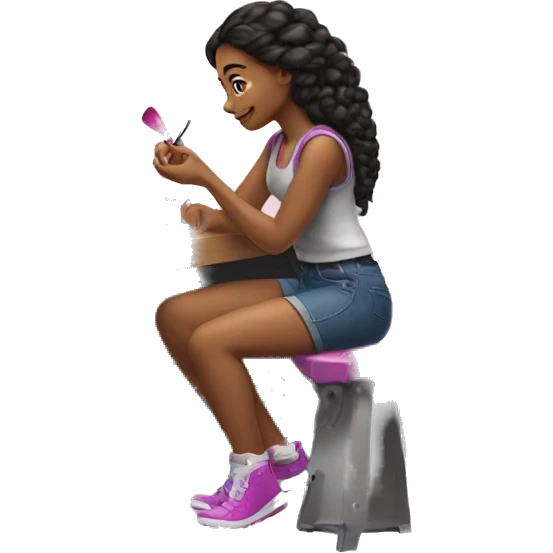 a girl, sitting near the workbench, putting nail polish on her nails. emoji
