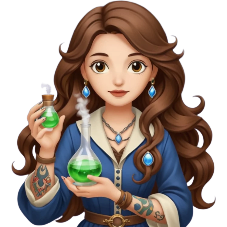 moon alchemist woman long wavy brown hair tattoos holding small potion emoji