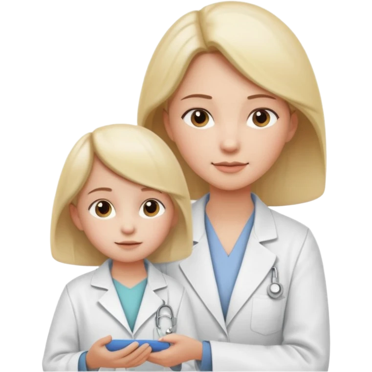 Mostre uma mulher vestida de jaleco branco, atendendo uma criança, expressão leve e detalhamento suave típico de emojis modernos. A cena deve ter um visual limpo, com sombras sutis e contornos suaves, mantendo o estilo cartoon 3D usado em emojis do iOS. Mantendo coerência com o estilo emoji.” emoji