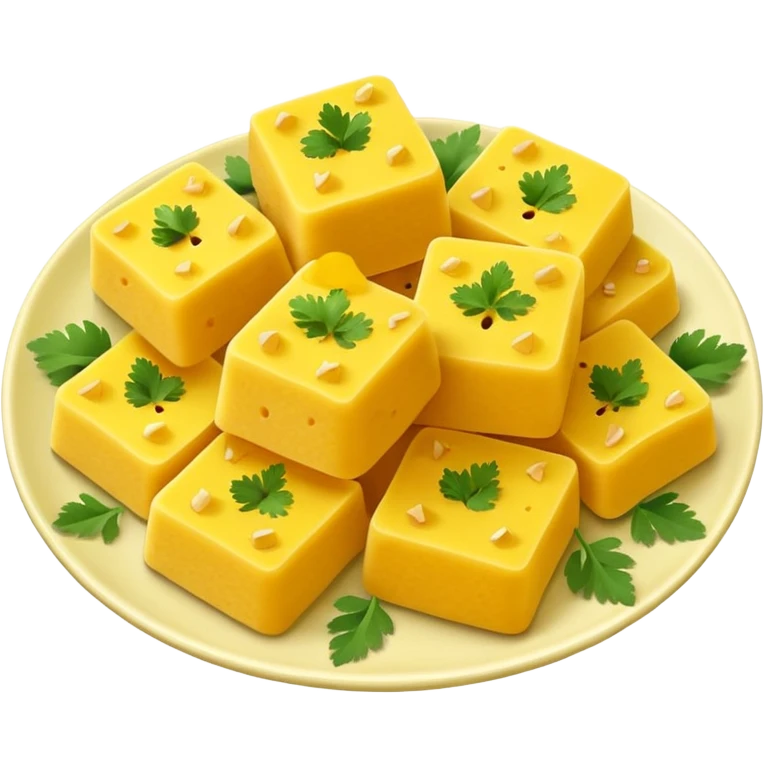 khaman dhokla, fluffy yellow pieces, served on a plate, emoji style emoji