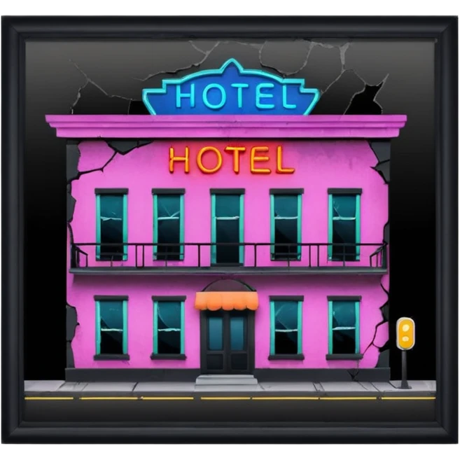 Hotel barato con letrero de neón en la fachada. emoji