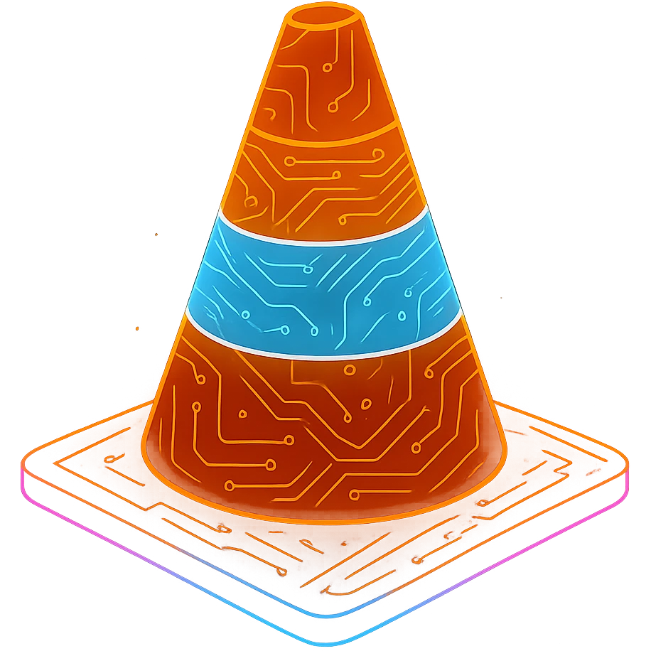 Transform the VLC cone icon into a flat, cyberpunk, holographic style with glowing neon orange, blue, and pink edges, circuit patterns throughout the entire icon. Maintain the recognizable orange and white cone shape and colors, but make the design less 3D and more flat, futuristic, and clean with a consistent cyberpunk glow and intricate circuit details. Transparent background. emoji