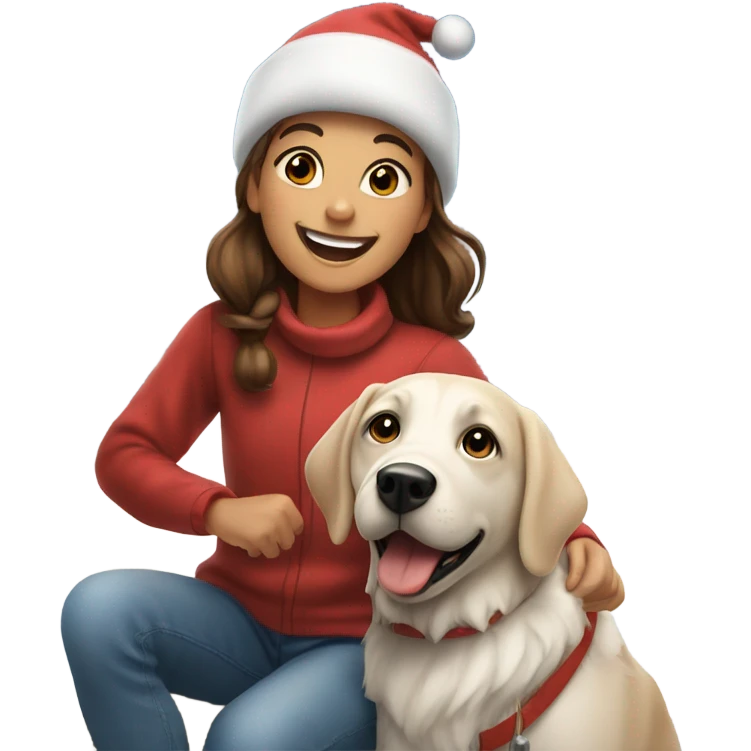 happy girl with dog outdoors christmas time emoji