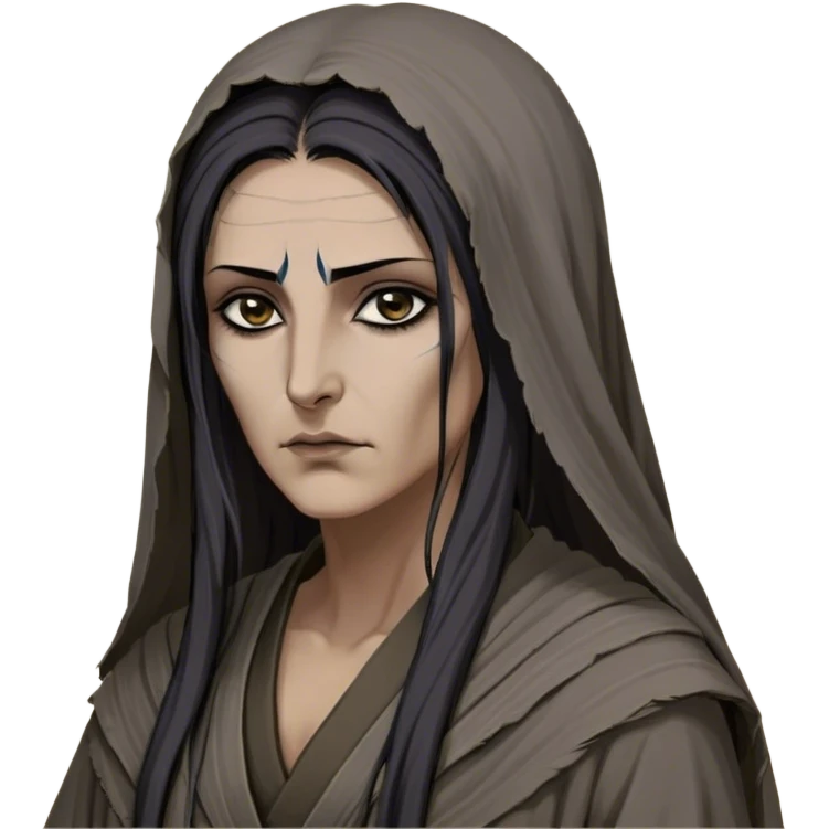 Mirri Maz Duur is a weathered, middle-aged Lhazareen woman with deep-set dark eyes, high cheekbones, and a sharp nose, giving her a stern, knowing expression. Her long, unkempt dark hair streaked with gray falls loosely over her shoulders, and her earth-toned, tattered robes mark her as a humble healer. Despite her frail appearance, she exudes an aura of mystery and menace, her hands stained with herbs and blood from both healing and dark sorcery. emoji
