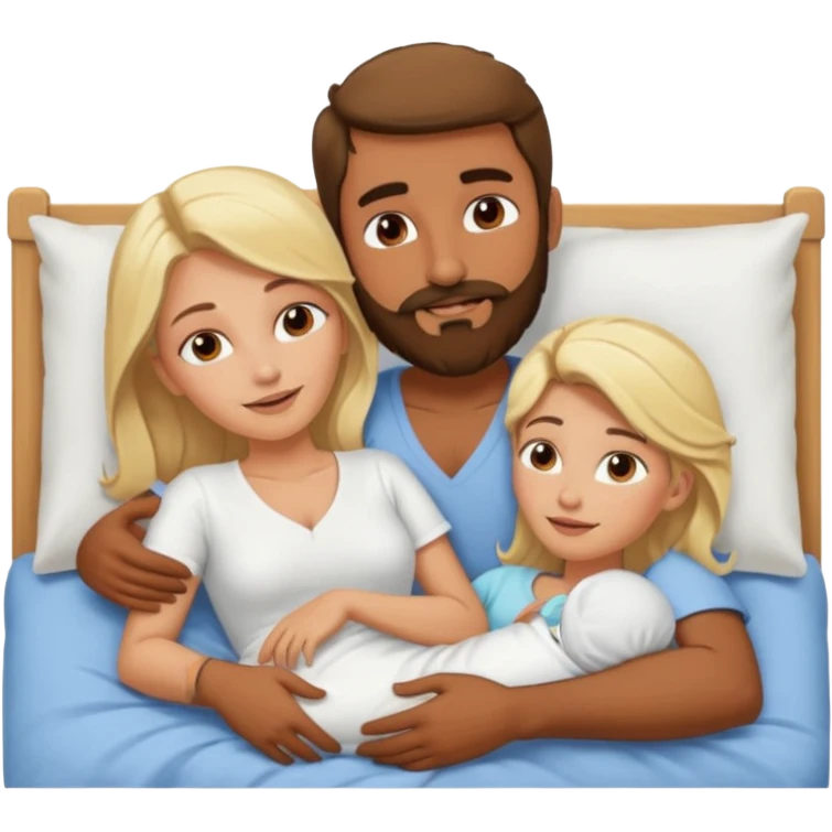 Naked bald Indian man with a beard in bed spooning naked blonde woman emoji