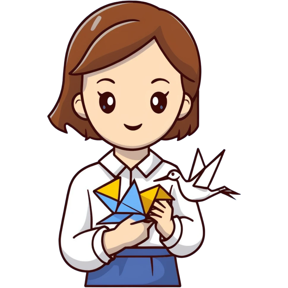 Ukrainian young girl with brown hair wearing a white embroidered shirt holds an origami yellow-blue crane emoji
