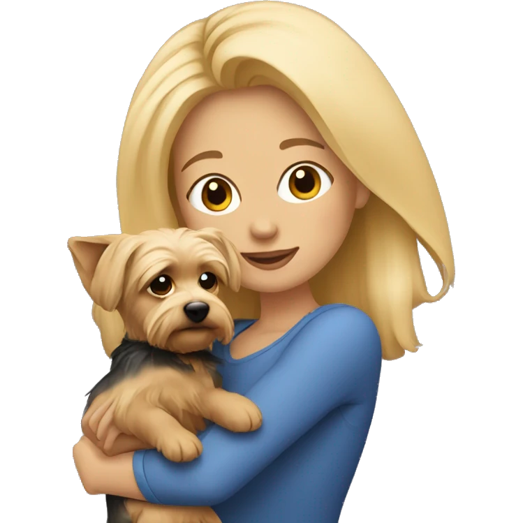 A blonde woman with her Yorkie cuddling emoji