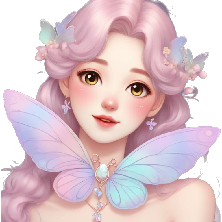 Gorgeous pastel anime style lady with blushing face and butterfly wings necklace cottagecore fairycore pastelcore colorful pearly romantic simplistic aesthetic trending style emoji