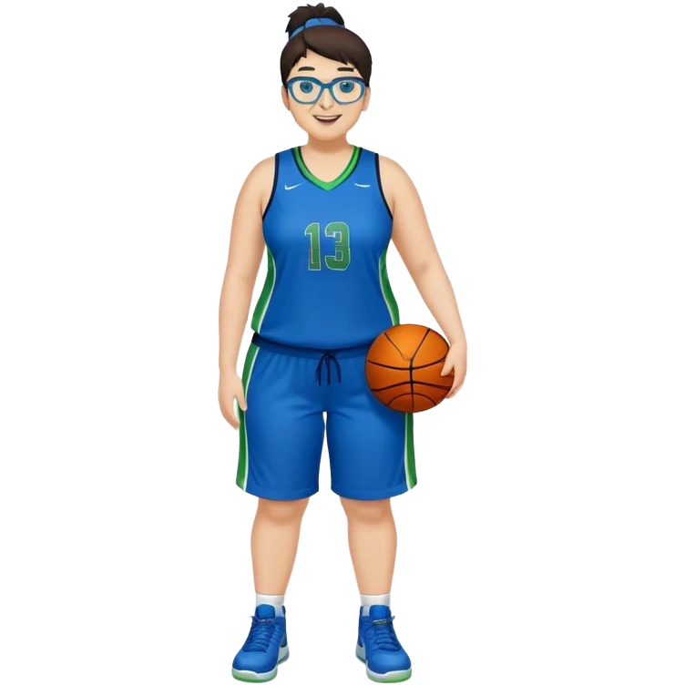 Full Body plus size white female basketball player with short dark hair with highlights spike hair wearing blue glasses  wearing blue green uniform smiling emoji