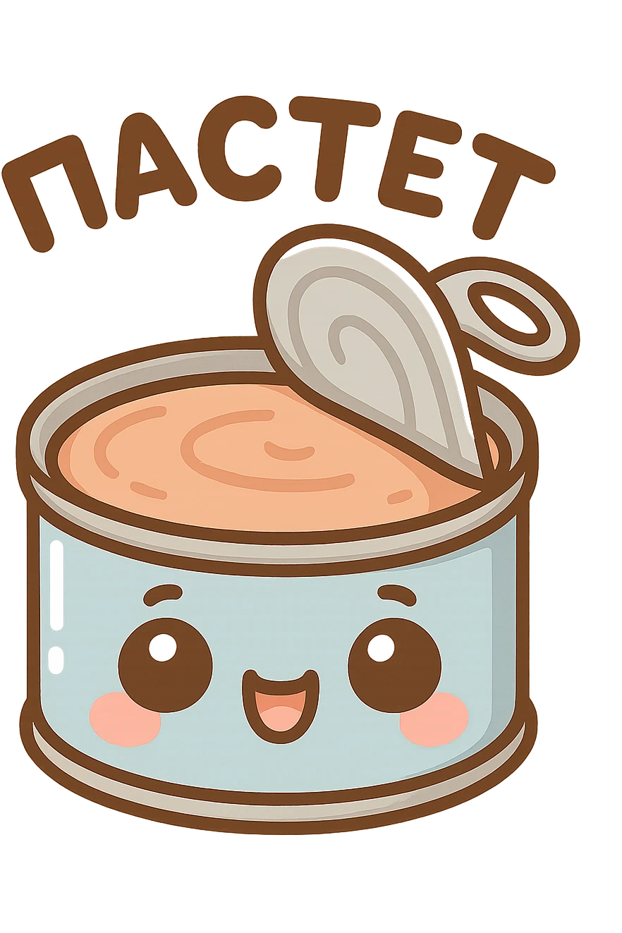 Chibi style cute open pâté tin can, lid partially opened, visible smooth pâté inside, big expressive cartoon eyes on the can, happy smiling face, tiny chubby proportions, kawaii emoji style, thick clean outline, flat illustration, soft pastel colors, simple shapes, no background, Twitch emote style, readable at small size, text on top saying "ПАСТЕТ" in bold cute Cyrillic letters emoji