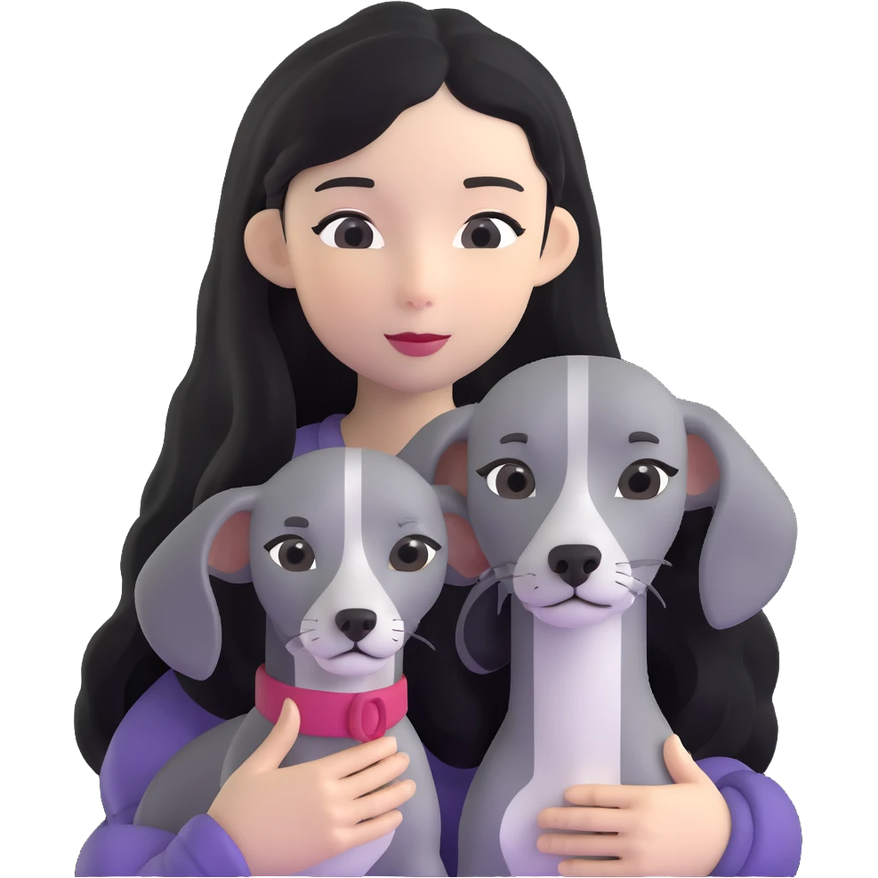 Slim Chinese girl with long black hair holding solid grey Italian greyhound with no white markings on nose emoji