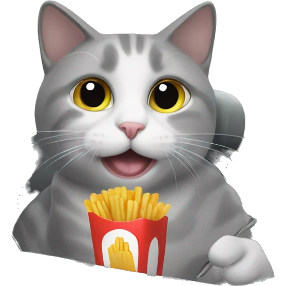 grey and white cat eating french fry while also in a car emoji