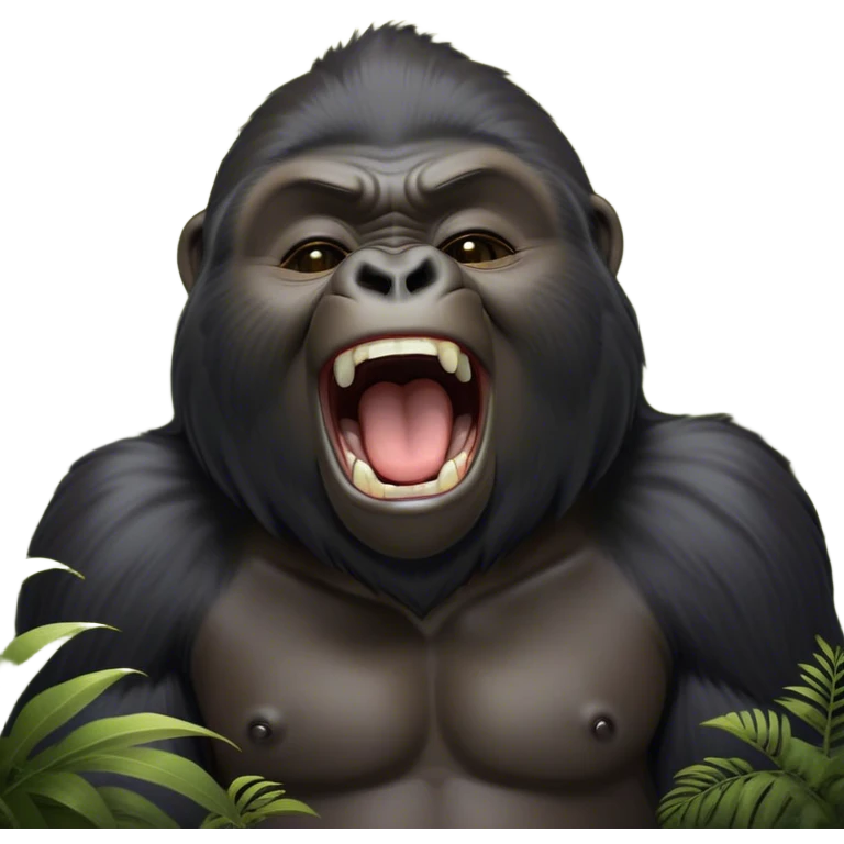 Cinematic Cute Yawning mountain Gorilla Portrait Emoji, Head tilted slightly with a dramatic, wide-open yawn, showcasing a formidable build with a black and greyy mane and drowsy, half-closed eyes, Simplified yet irresistibly adorable features, highly detailed, glowing with a soft, cozy jungle glow, high shine, relaxed yet expressive, stylized with a dash of whimsical primate charm, soft glowing outline, capturing the essence of a drowsy yet affectionate guardian that appears ready to stretch out for a nap! emoji