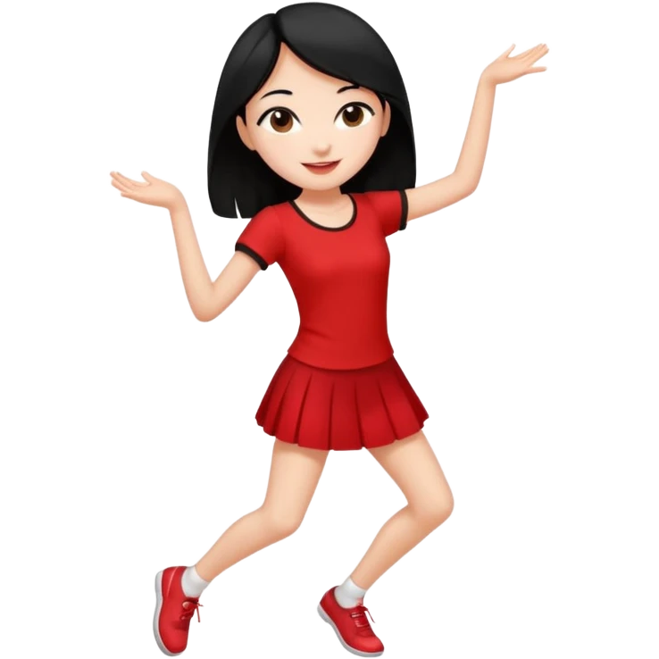 Chicas esbelta con falda corta negra y top rojo,pelo semi largo negro y lacio  super feliz,pero bailando emoji