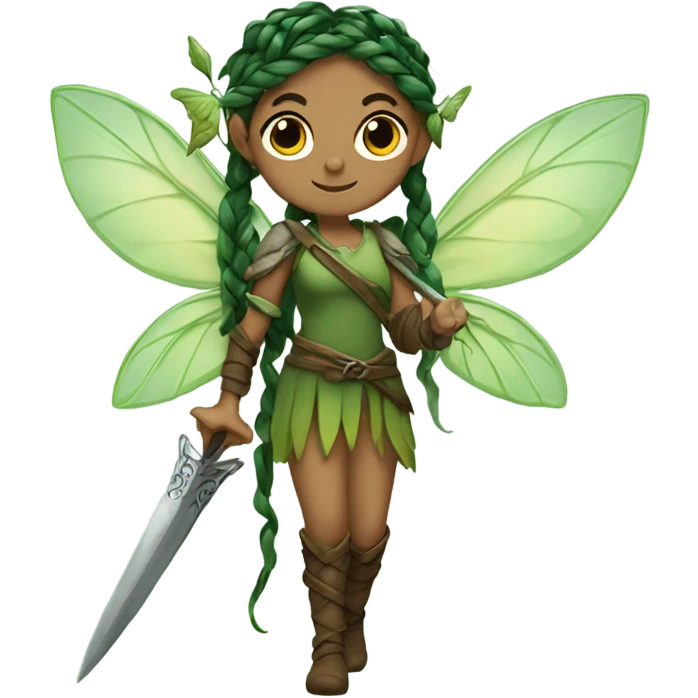 Female, forest fairy, fairy wings, pointed elf ears, box braid hair, vines, holding medieval sword emoji
