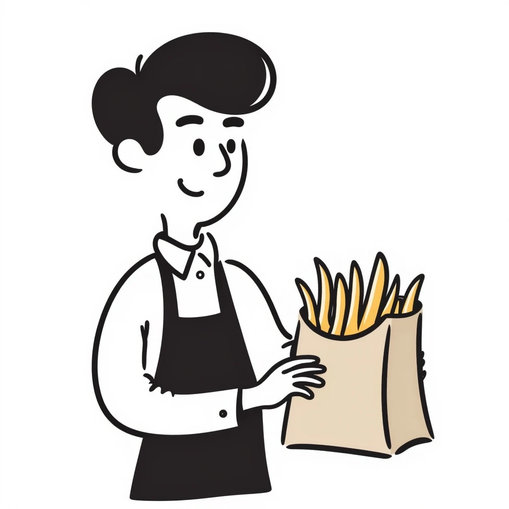 man putting fries in a brown paper bag, hand drawn doodle style emoji