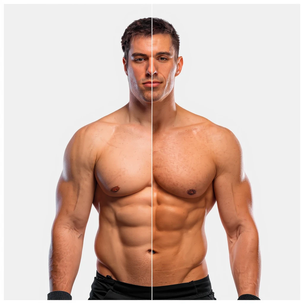 Realistic style image of a shirtless male bodybuilder, half body in bulk version (fatter, full muscles), half body in cut version (very lean, dry and defined muscles, visible veins). Neutral background. Create 10 variants with different expressions and levels of muscle definition. emoji