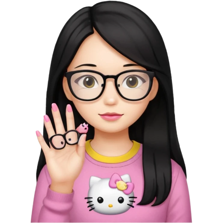 Nails cute hello kitty wear glasses black long  hair wear yello shirt emoji