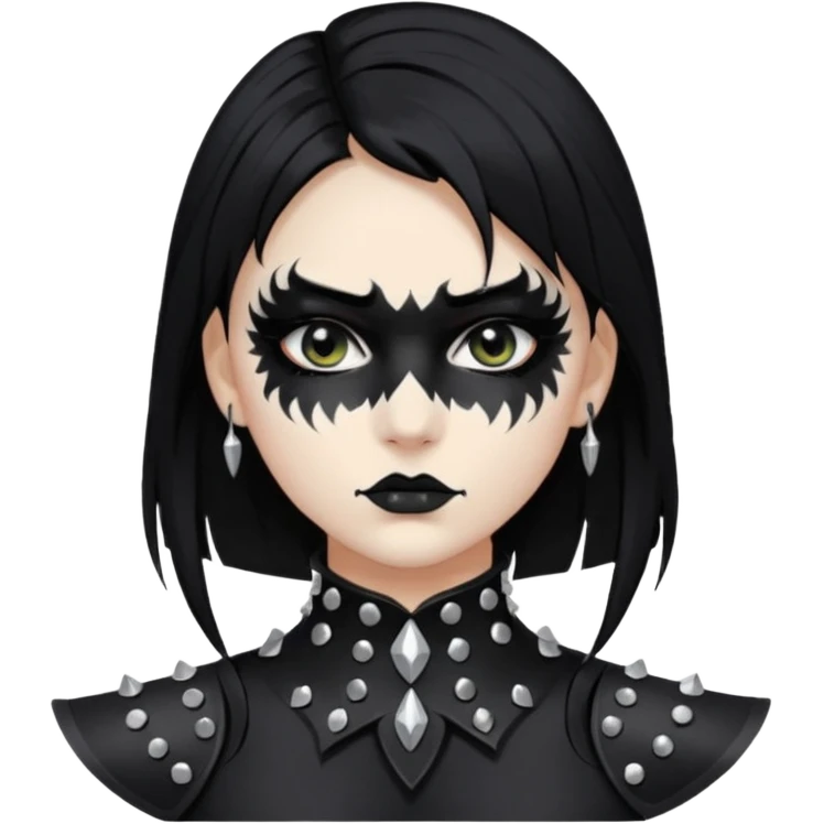 Crea una ragazza con stile black metal,  paint face black metal, capelli neri, mossi dalle spalle e occhi bianchi e un collare con borchie a punta emoji