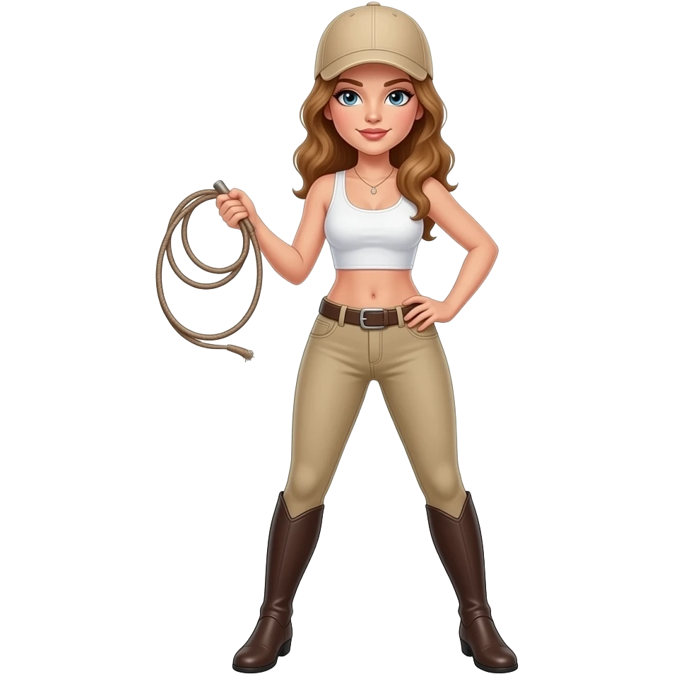 woman in beige riding jodhpurs, white crop top, and beige baseball cap, cracking a bullwhip in one hand, and her other hand on her hip, standing with her legs apart emoji