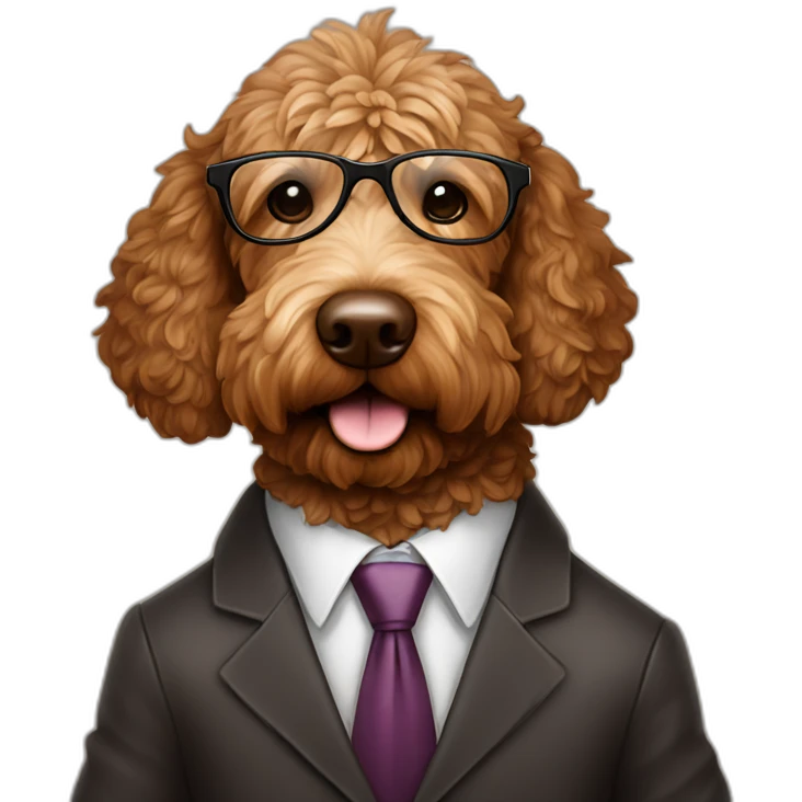 A chocolate colored golden doodle wearing a suit and glasses on the stand in court emoji