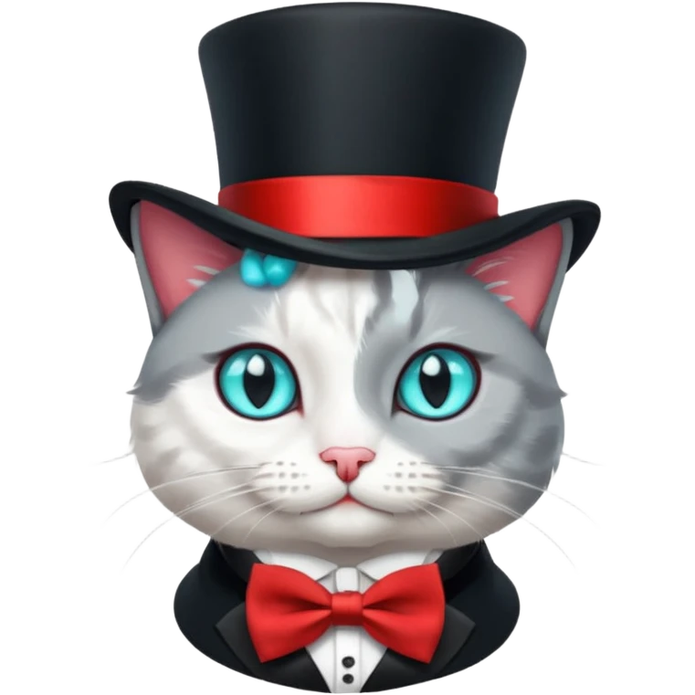  Kater in grau weiß, mit schwarzem Zylinder, der eine rote Banderole auf dem Kopf hat, der etwas schräg ist, so dass nur ein Ohr zu sehen ist. Der Kater schaut gerade nach vorne und am Hals hat er eine kleine, rote Schleife. Die Augen sind türkisfarben am funkeln mit kleinen, weißen Lichtreflexen. emoji