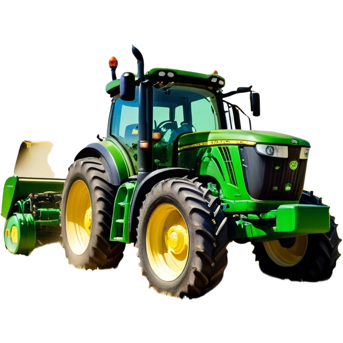 John Deere 6155M (2020) – Cinematic-realistic John Deere 6155M tractor, its iconic green and yellow body rolling across vast Australian farmlands. The powerful engine hums as it tows a massive plow, cutting through golden fields under a clear blue sky, dust rising in its wake. emoji