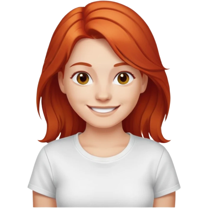 crea una chica blanca pelirroja con el pelo por debajo de los hombors, sonriente y con una camiseta blanca emoji