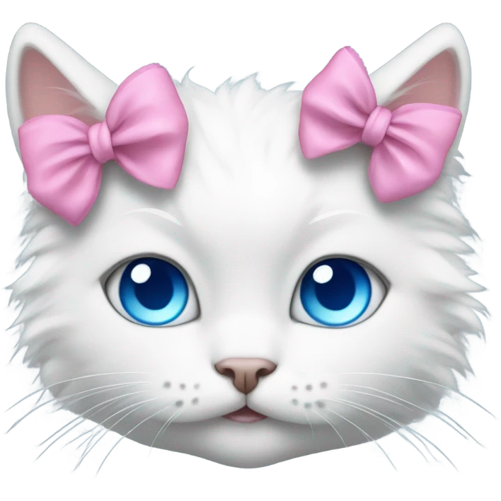 White fluffy cat with blue cute eyes with pink bow on top of the head on the right side  emoji