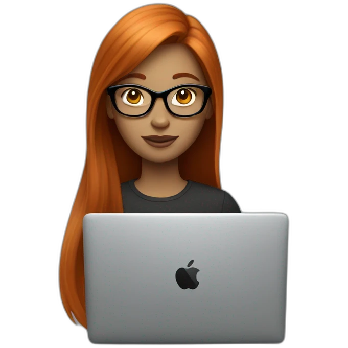 redhead long straight hair girl with black glasses using a mac laptop emoji