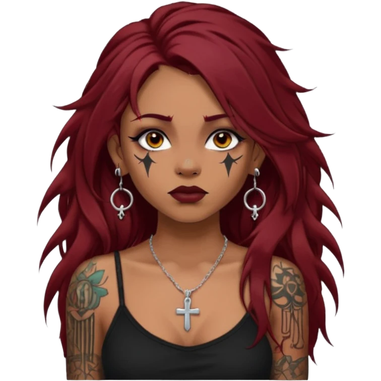 generate an ios genmoji of a dusky girl with long dark red messy hair with eyeliner on her eyes. septum piercing, wearing a cami black top, has tattoos, on shoulders. ear piercings. wearing a cross silver necklace. 


no tattoos on face emoji