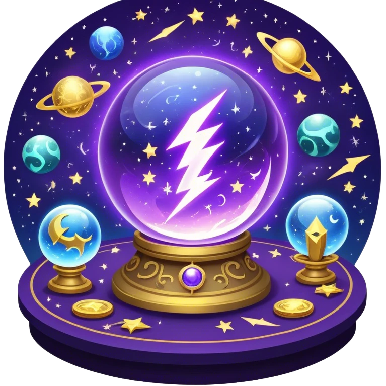 A mystical, glowing crystal ball with swirling sparkles and lightning bolts inside, surrounded by zodiac signs and planets floating in space, with tarot cards spread out on the table around the ball. Use bright purples, blues, and golds to create a magical, mysterious vibe. transparent background.  emoji