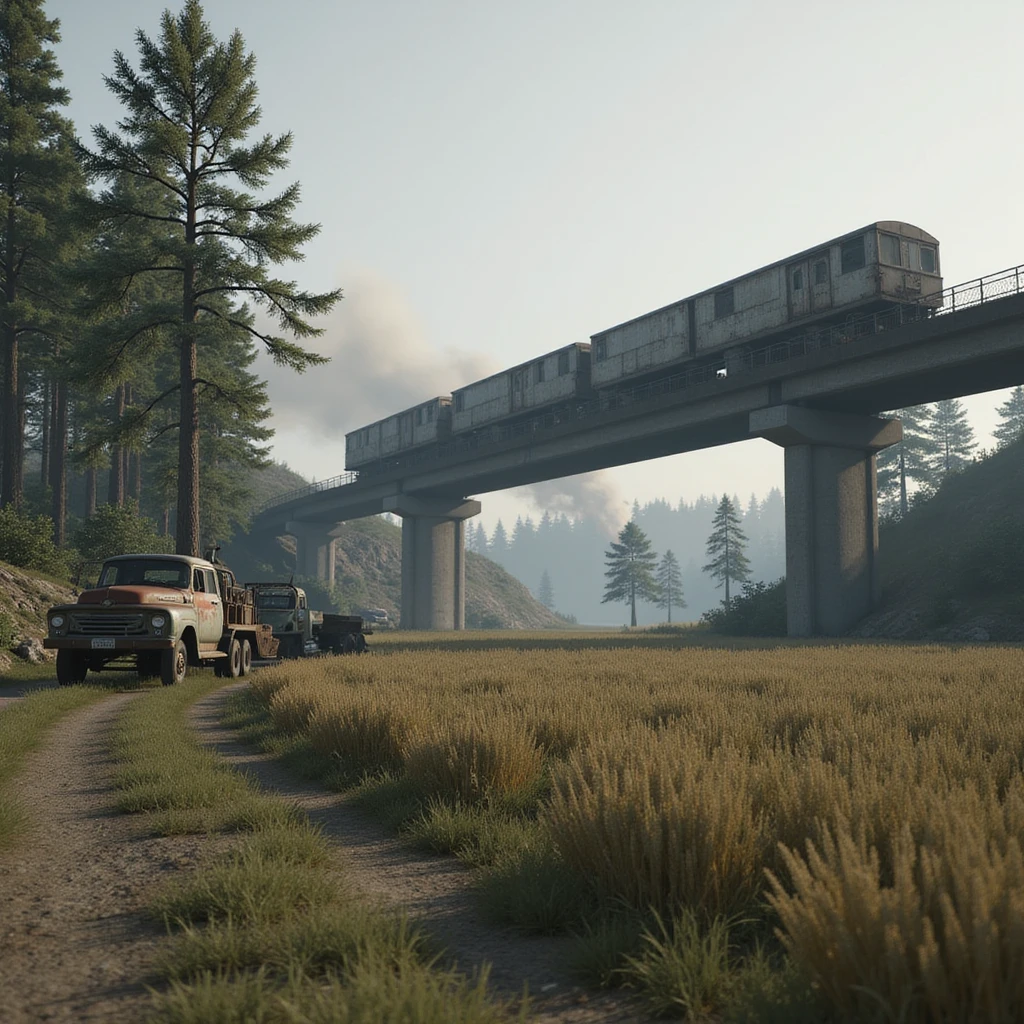  a screenshot of a location in a videogame  the image of the scene consists of:  [above-ground train freeway partially collapsed], a wooded area, a small field of wheat. distant smoke. tall concrete walls, derelict vintage work trucks, more distant smoke. polluted and war-torn emoji