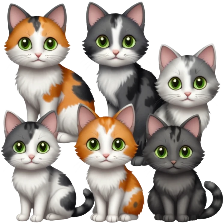 3 different coloured small cats including a dark grey and white, and a patchy calico with hazel eyes and a completely solid dark grey with green eyes and only white paws emoji