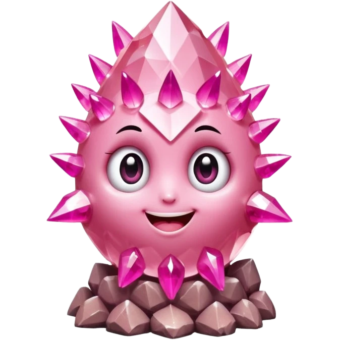 A single cute pink crystal cluster character, chunky round base with many tall rose-pink crystal spikes growing upward like a quartz cluster, faceted and slightly imperfect, on the front of the base a kawaii face with big shiny eyes and a happy open smile emoji
