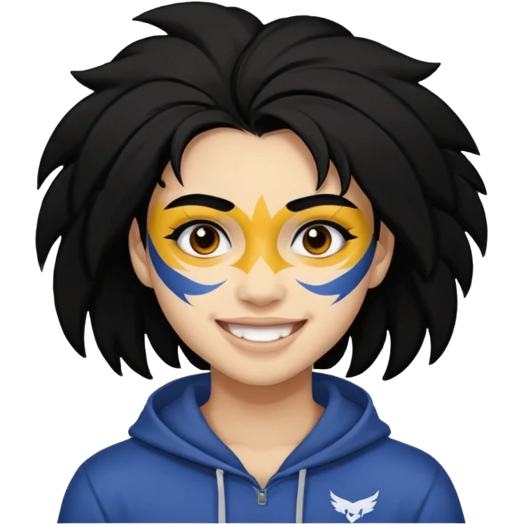 A black hair teen supporter with bold full-face paint, smiling with fierce team spirit. emoji
