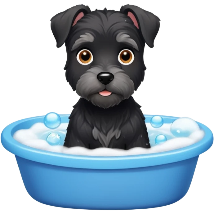 Black miniature schnauzer getting a bath in tub with soapy bubbles emoji