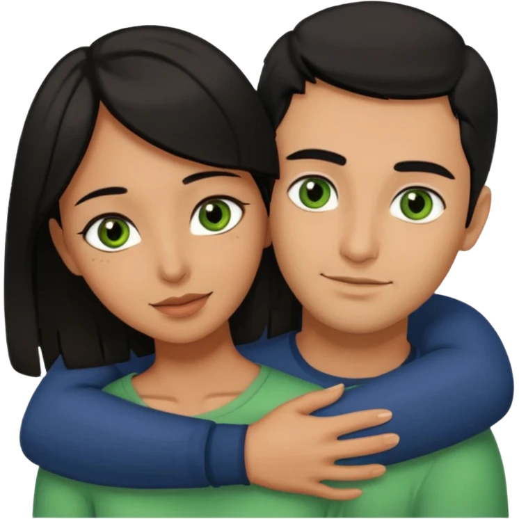 Woman  with brown eyes and black hair hugging a man with green eyes and brown hair emoji