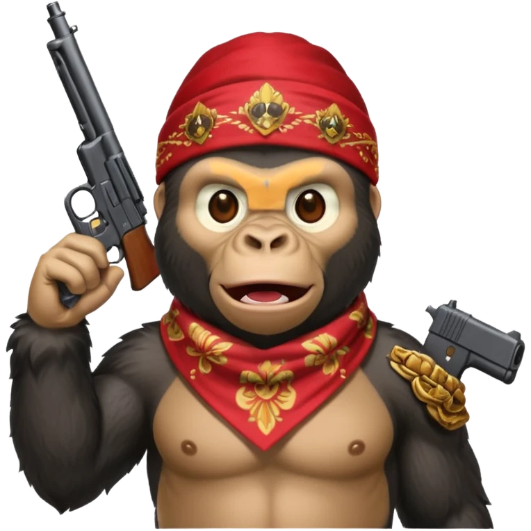 A gorilla holding a gun in the air with a bandana  emoji