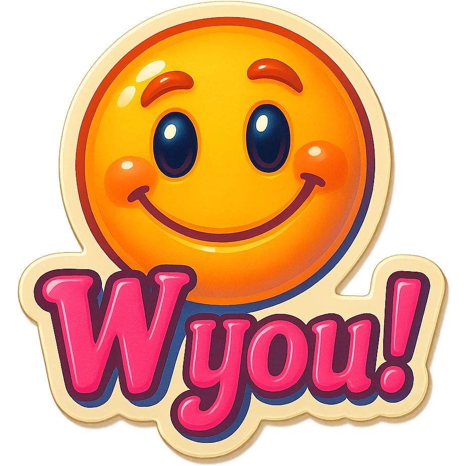 excited smile with mouth closed add the words W You! in pink emoji