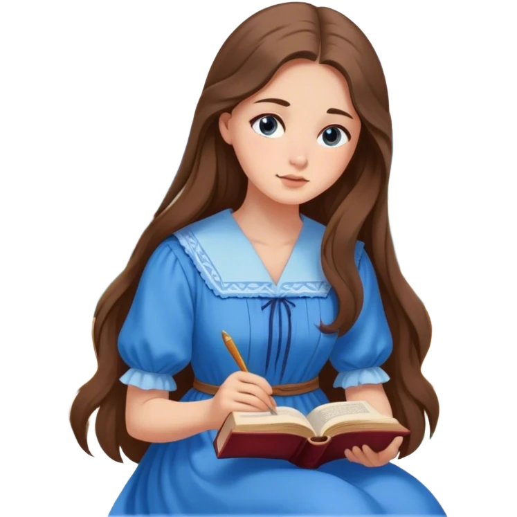 Cinematic Elegant Belle Portrait Emoji, Sitting with an open book, eyes dreamy with thought, her iconic blue village dress draped gracefully, exuding intelligence, kindness, and timeless charm! emoji