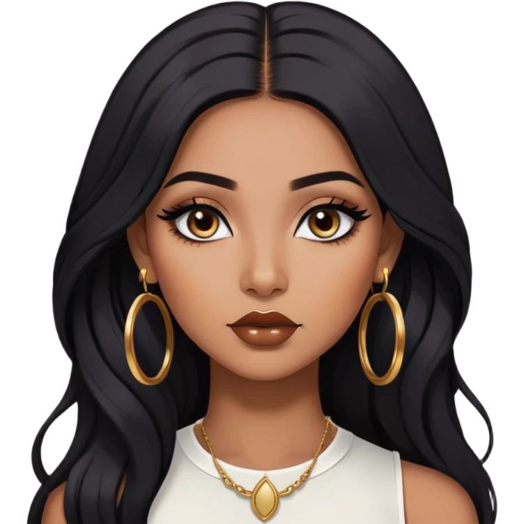 indian girl, brown skin, long black voluminous hair, brown underneath colored hair, baddie,pretty, makeup, lipliner, black eyeliner, gold hoop earrings, white top emoji