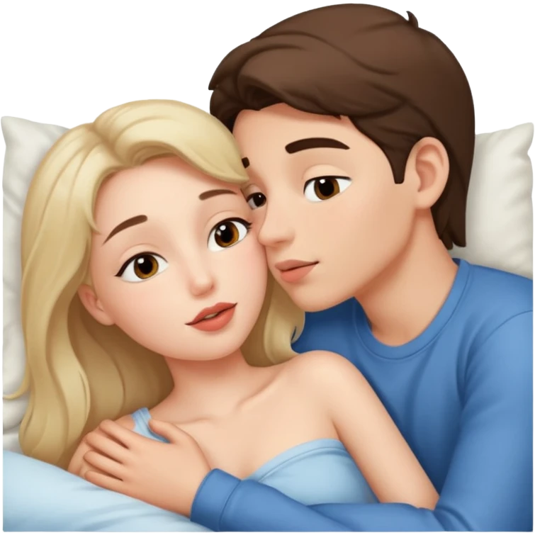 A woman and a young man are lying in bed and cuddling with each other. And they kiss on the lips. emoji